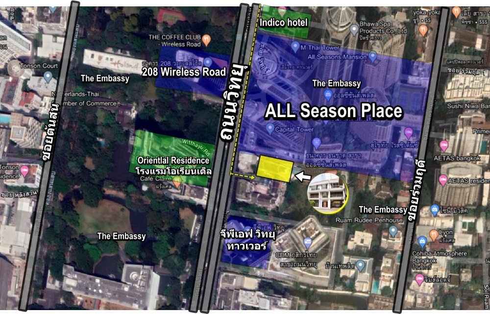 ชั้น1 เหมาะทำร้านค้า ใกล้รถไฟฟ้า เพลินจิต 700 เมตร เช่าตึกแถว 2คูหา ถนน วิทยุ ติด All Seasons Place