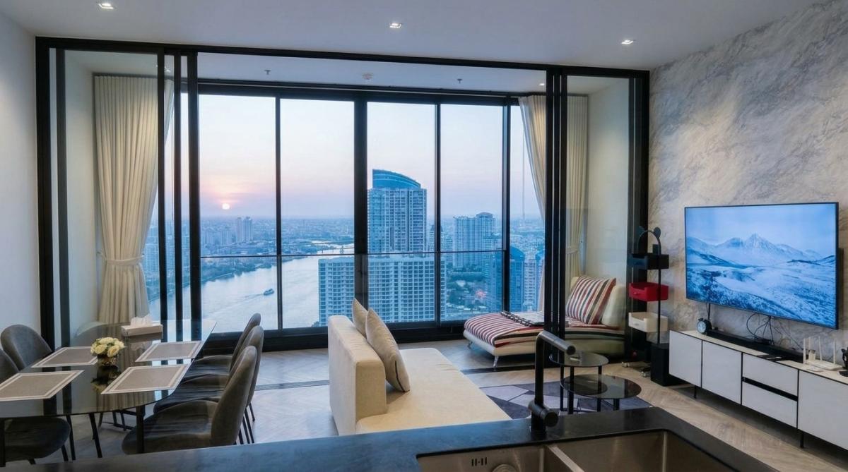 Chapter Charoennakorn - Riverside  ระเบียงหันทิศใต้ เห็นโค้งน้ำเจ้าพระยาฝั่ง Asiatique 